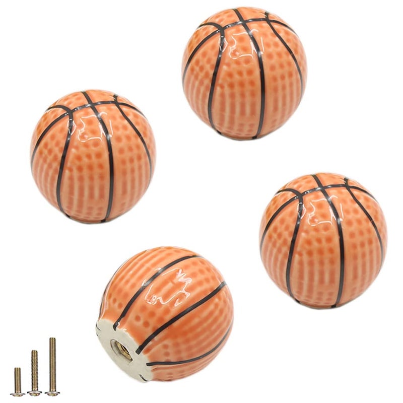 ESreake Heavy Ceramic Basketball knobs Ball Knobs, 4 Pcs Ball Sports Party Theme Children and Baby Home Decor Drawer Knob Pulls Handles for Dresser Cupboard Wardrobe Cabinet Kitchen (4, Basketball-o) - Image 1